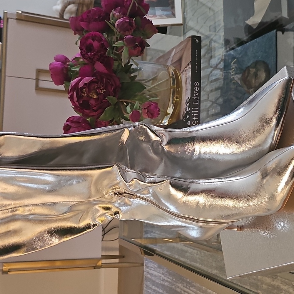 Silver Women's Knee-High Boots - Kitten Heel